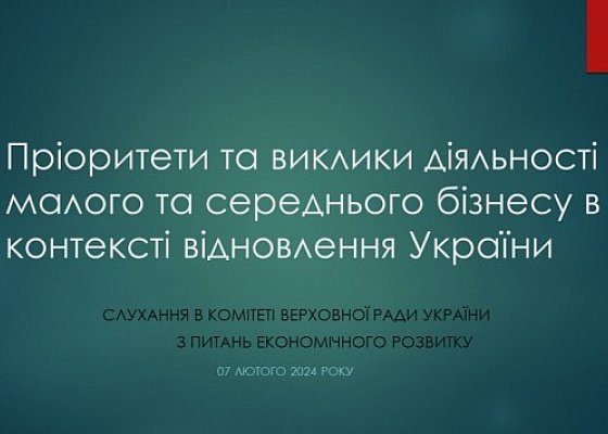 Слухання в Комітеті на тему:«Пріоритети та виклики діяльності малого та середнього бізнесу в контексті відновлення України», що відбулися 07 лютого 2024 року 